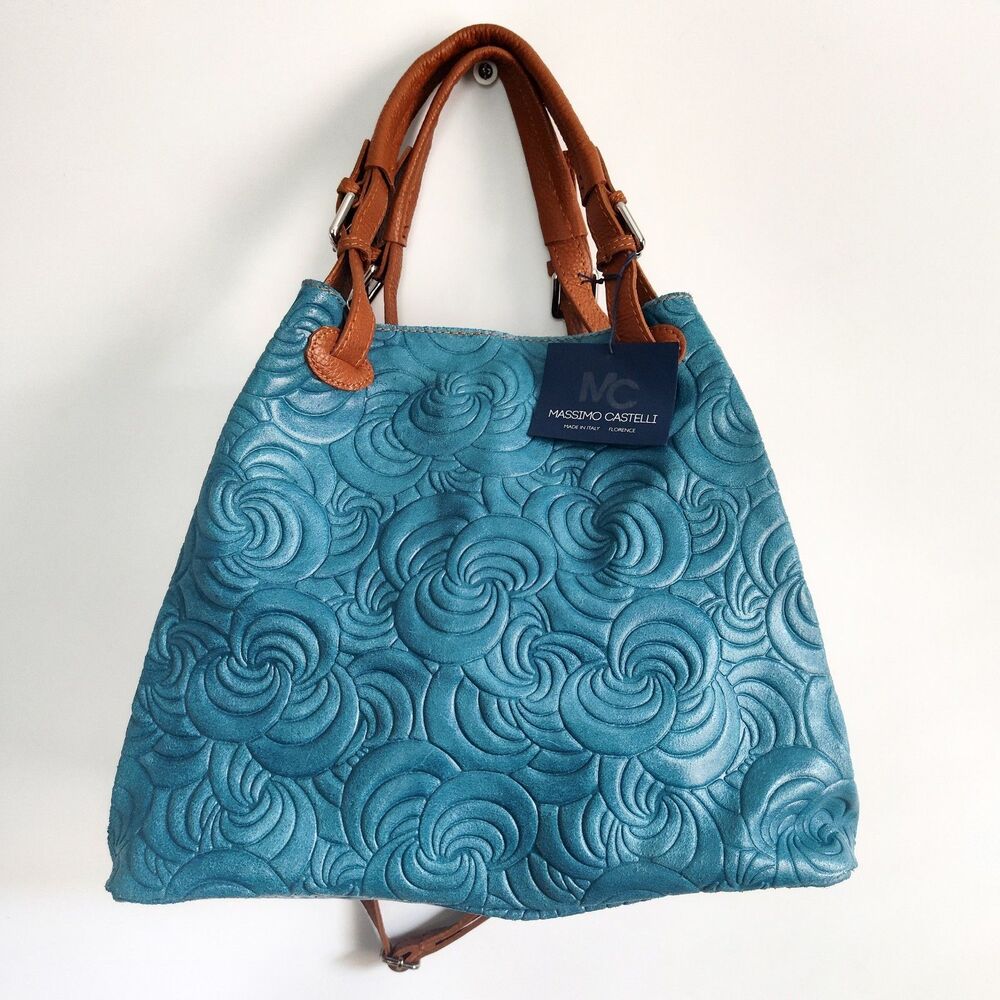 New Massimo Castelli Shoulder Bag Rose Textured Leather Convertible Teal Tan Bag